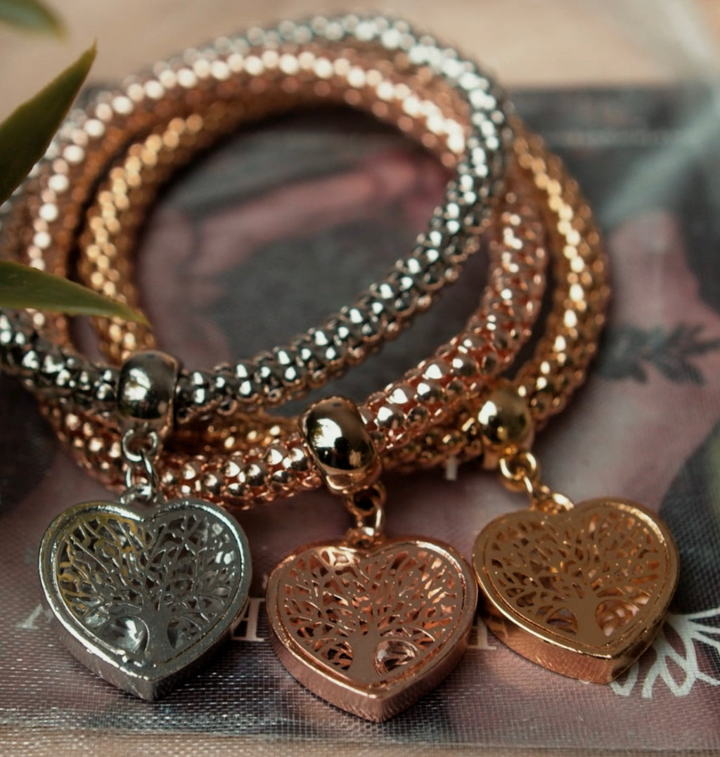 "Tree of Life" Heart Edition 3 Piece Bracelet Set with Austrian Crystals: (Plants 1 Tree) 🌲